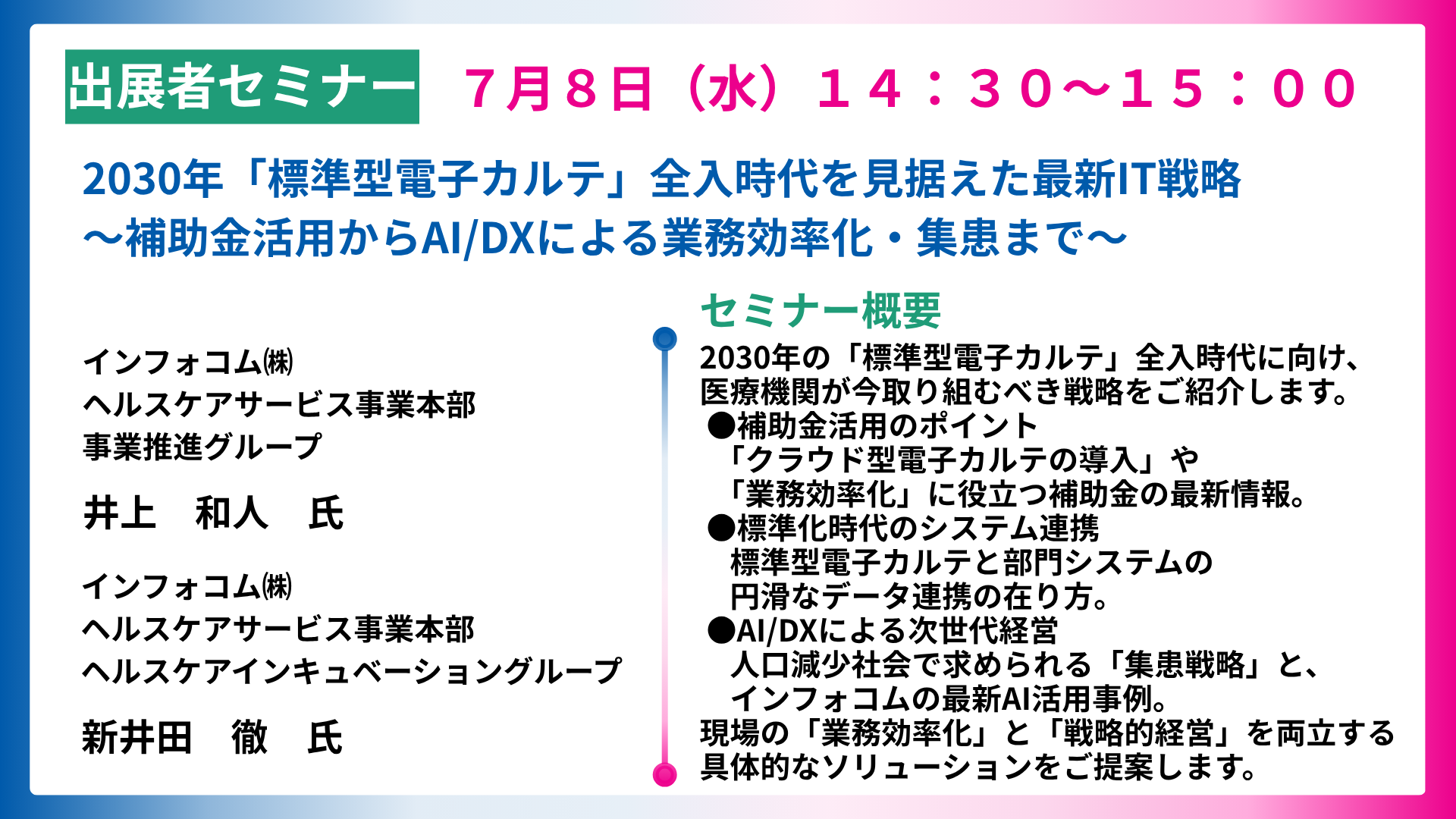 2030年「標準型電子カルテ」全入時代を見据えた最新IT戦略〜補助金活用からAI/DXによる業務効率化・集患まで〜